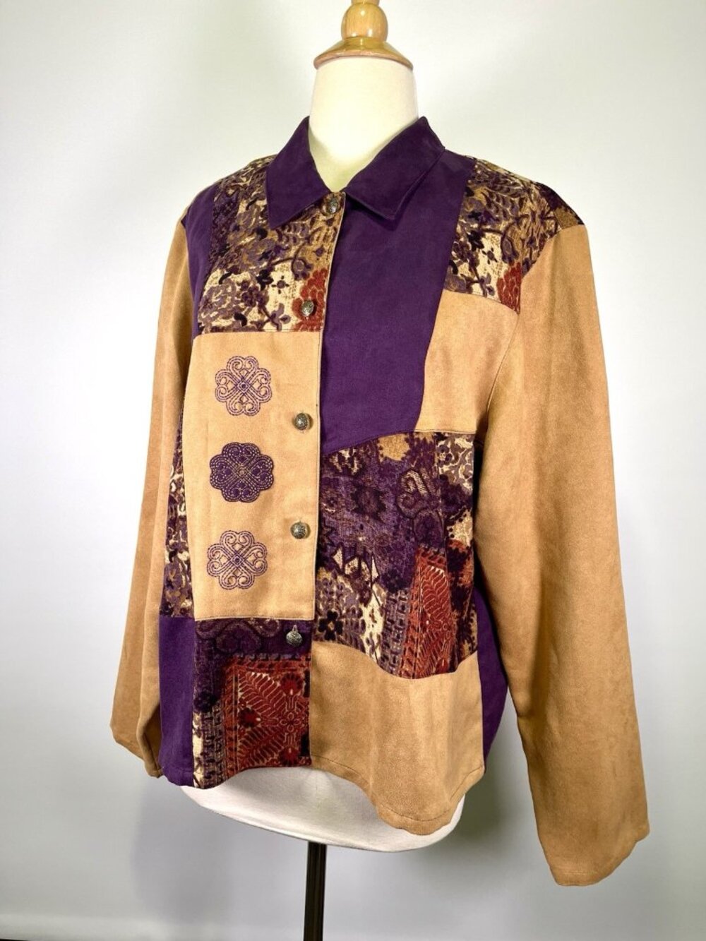 Vintage Napa Valley Patchwork Shirt Womens XL Boho Tapestry Faux Suede Teacher